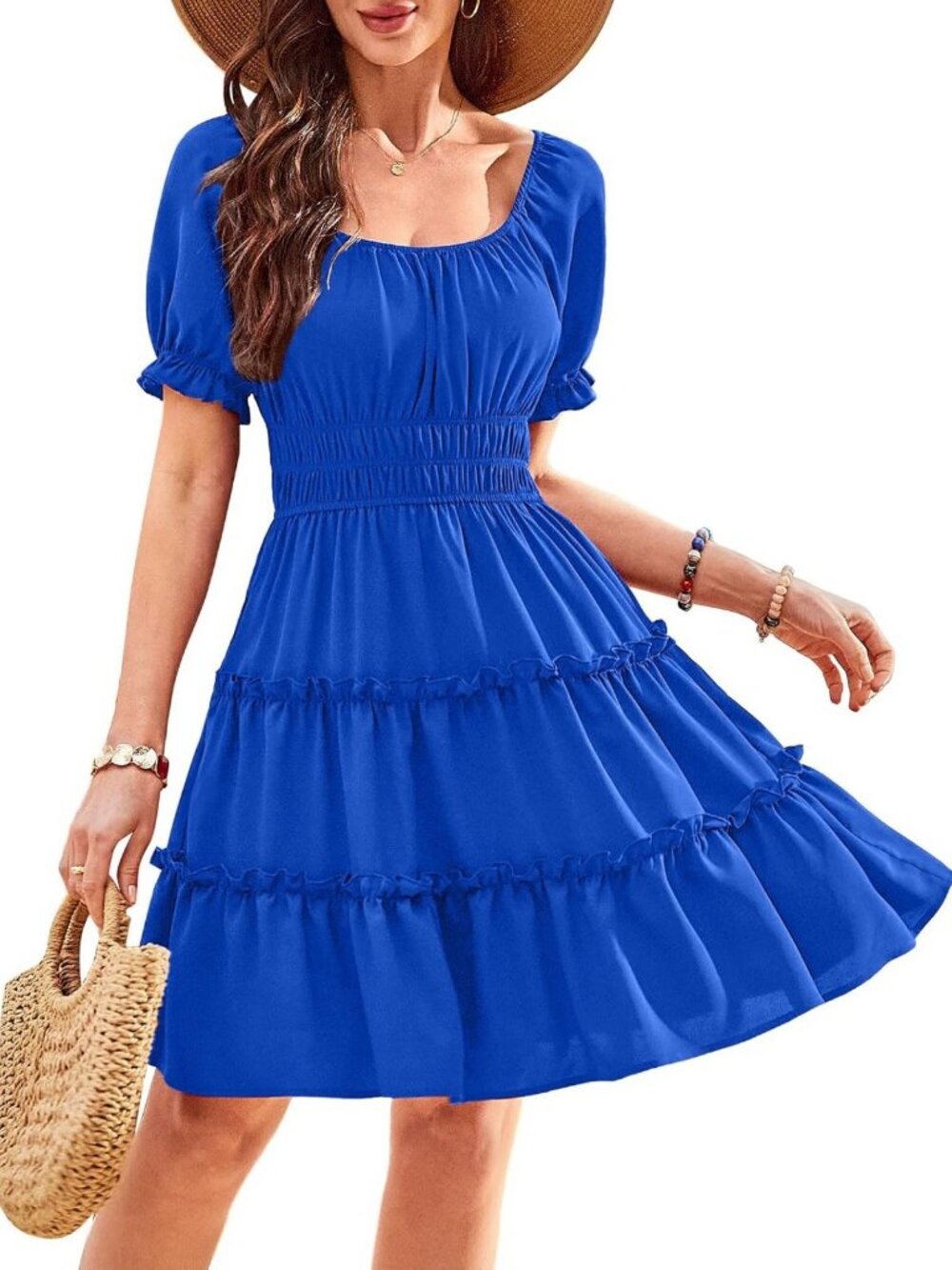Square Neck Long Sleeve Mini Dress with Pockets | Tiered Ruffle A-Line Flowy